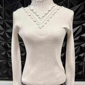 Anthropologie Cream Lettuce Trim Mock Neck Chevron Ribbed Sweater S